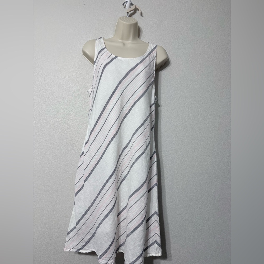 Kenar White Linen Diagonal Blue and Pink Striped Keyhole Tie Back Tank Dress 12